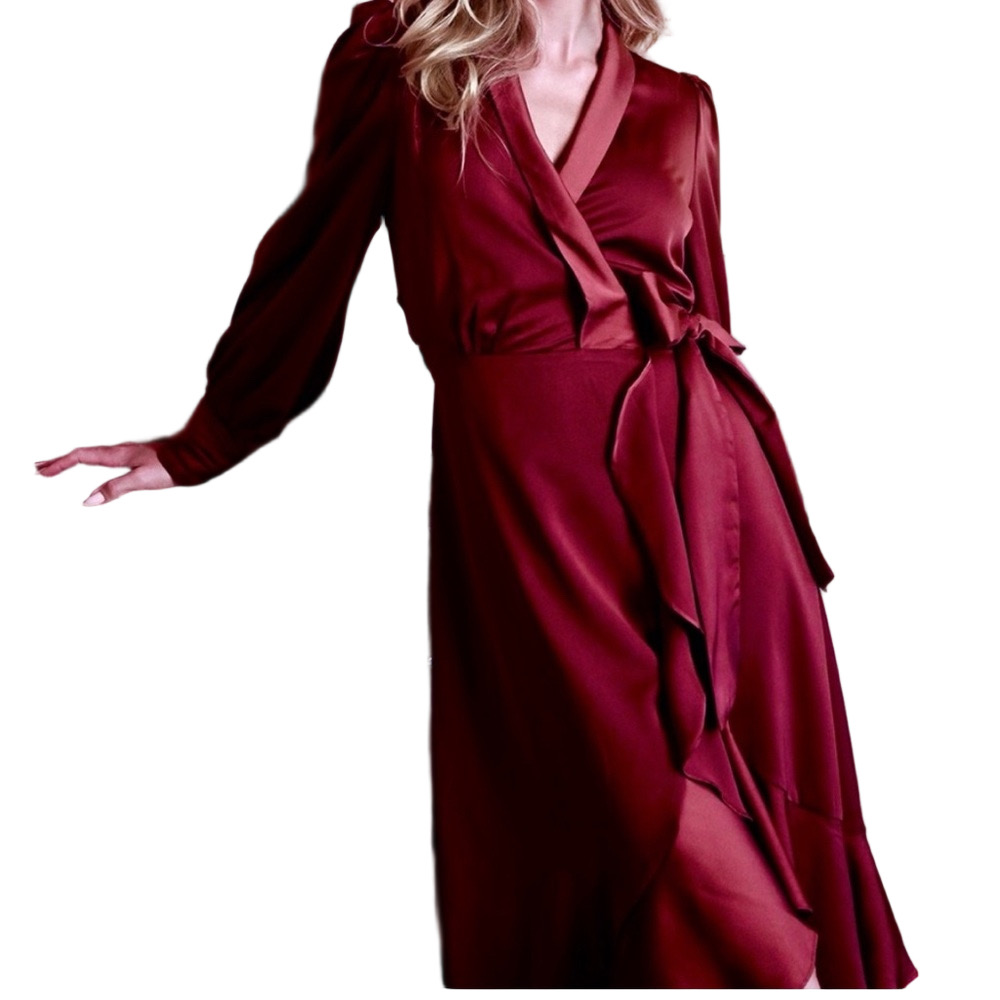 Boohoo Deep Red Wrap Satin Long Sleeve Dress | NWOT | Sz 10